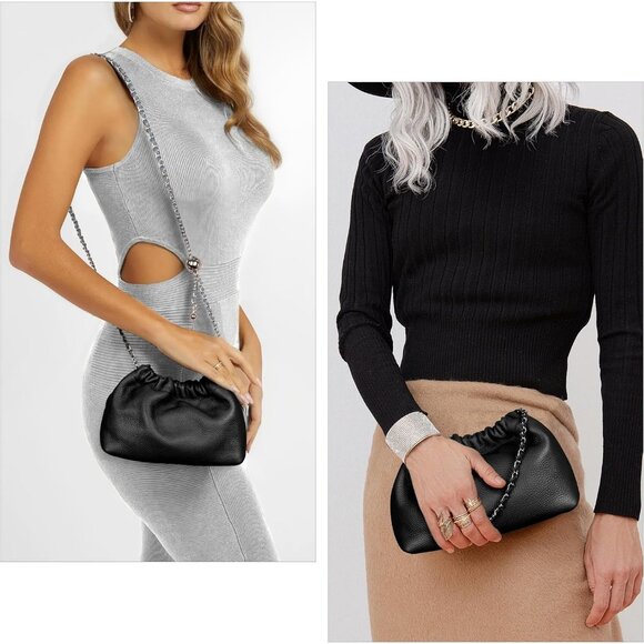 Women's Black Genuine Leather Trendy Dumpling Crossbody Evening Clutch Vegan - Picture 3 of 7